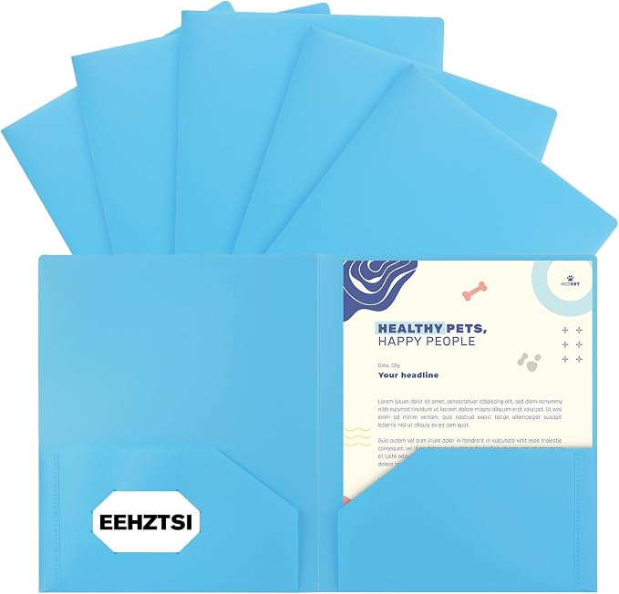 6-Pack Plastic Folders with Pockets,2-Pocket Pastel Folders Holds US Letter Size Paper for School/Office/Home, Blue by EEHZTSIOFFICE
