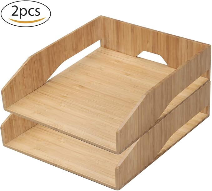 MobileVision 2 Pack Stackable Bamboo Paper Tray Office Organizer for Files, Documents, Letter Sorter, Envelopes and Magazine Holder - Image 2