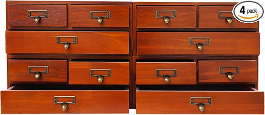 Stackable Wooden Desk Storage Box, 12 Drawers Tabletop Organizer, Brown | 4-Pack Countertop Apothecary Cabinet, Vintage Library Card Catalog Storage Cabinet with Metal Label Handles for Office Home by LifeFirstChoice-Blisiour