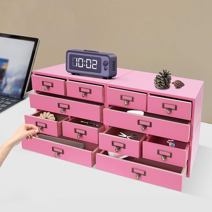 4-Pack Wooden Storage Box with 3 Drawers, Vintage Desktop Organizer Apothecary Cabinet Stackable Drawers with Label Holders for Herb Storage, Tea Collection, Stationery - Image 5