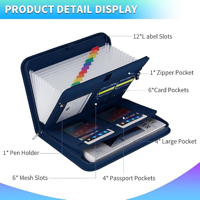 Fireproof & Waterproof Accordion File Organizer – Fireproof File Folder with Handle, 13-Pocket Expanding Paperwork Organizer for A4/Letter Documents, Travel File Storage (Blue) - Image 2