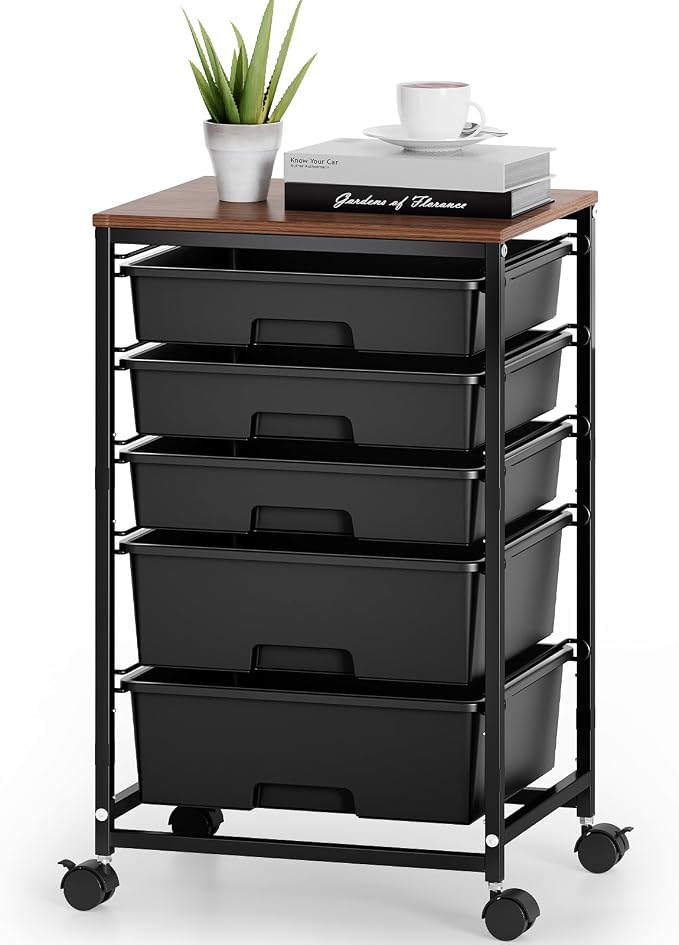 SYKIARIOL 5-Tier Rolling Cart with Drawers with Wooden Top, Black | Mobile Craft Storage Drawer Cart Trolley for Home Office, Classroom, Craft Room & Kid Room by SYKIARIOL