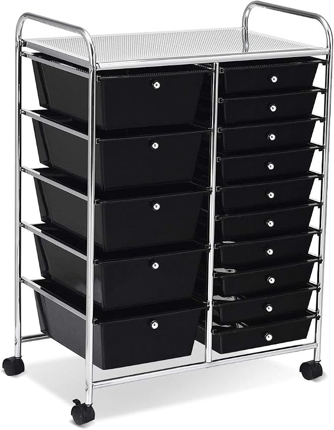COSTWAY 15 Drawer Rolling Storage Cart, Mobile Utility Cart with Lockable Wheels, Drawers, Multipurpose Organizer Cart for Home, Office, School, Black by COSTWAY