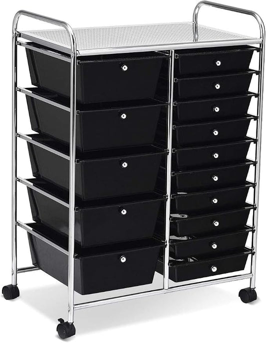 COSTWAY 15 Drawer Rolling Storage Cart, Mobile Utility Cart with Lockable Wheels, Drawers, Multipurpose Organizer Cart for Home, Office, School, Black by COSTWAY