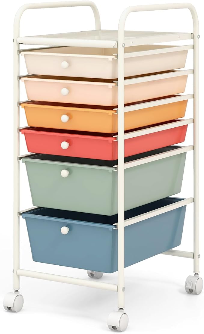 COSTWAY 6-Drawer Rolling Storage Cart, Art Craft Tools Organizer on Wheels | Multifunctional Heavy Duty Utility Mobile Storage Trolley w/ 2 Lockable Wheels for Home Office School (Macaron) by COSTWAY