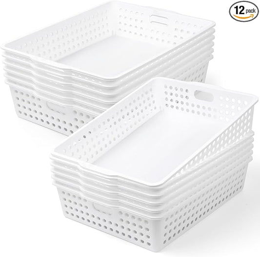 12 Pcs Plastic Storage Baskets Bulk 14 x 10 In Stackable Storage Bin with Handles A4 Size Desktop File Letter Organizer Tray Multi-purpose Container for Shelve Desktop Classroom Office Home Playroom by UZLUbuywithconfidence
