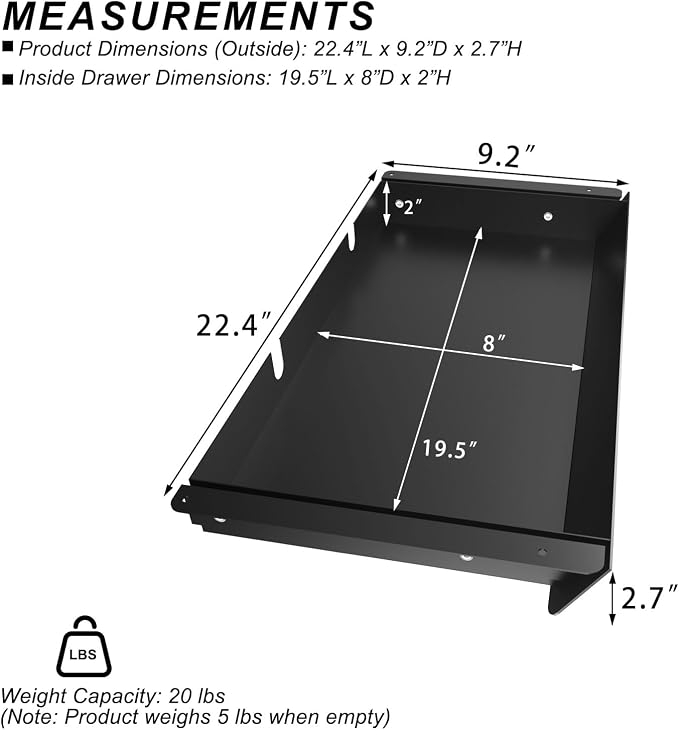 Large Under Desk Mounted Sliding Drawer with 2 Cable Hole and 60 Degree Tilt Panel to Pull Out, 22.4'' Long & 9.2'' deep Large Storage Organizer for Sit Stand Workstation - Image 2
