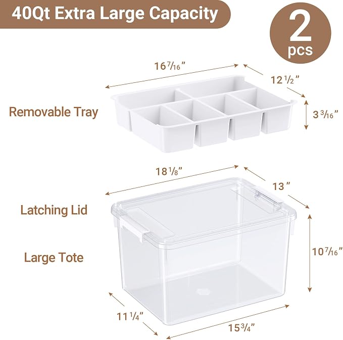 80Qt Stackable Storage Bins with Lids Trays Craft Box Organizers, 2Pack,WH | Clear Plastic Latching Boxes Organizers with Dividers Portable Containers for Arts & Crafts, Home Office Classroom Car Trunk - Image 2