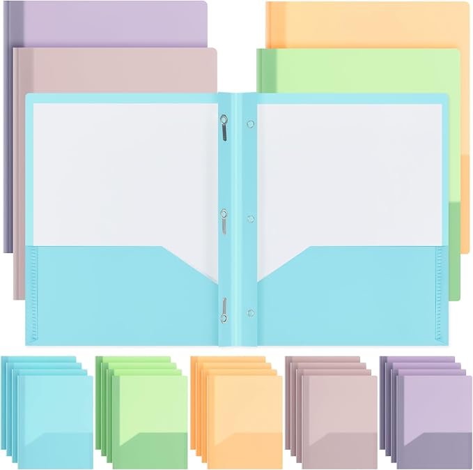 50 Pcs Cute Plastic Folders with Pockets and 3 Prongs, Pastel Colors, Durable File Folders with Fasteners and Pockets for Documents, Tear Resistant Office, School Supplies by Chuangdi