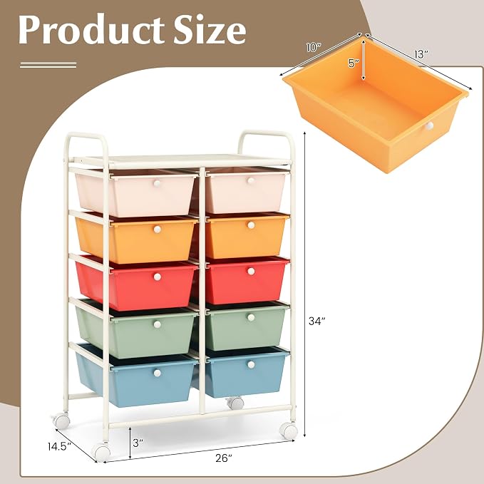 COSTWAY 10 Drawer Rolling Storage Cart, Utility Cart with Lockable Wheels | Mobile Art Supply Craft Organizer with Metal Frame, Multipurpose Drawer Cart for Paper for Office, School, Macaron - Image 3