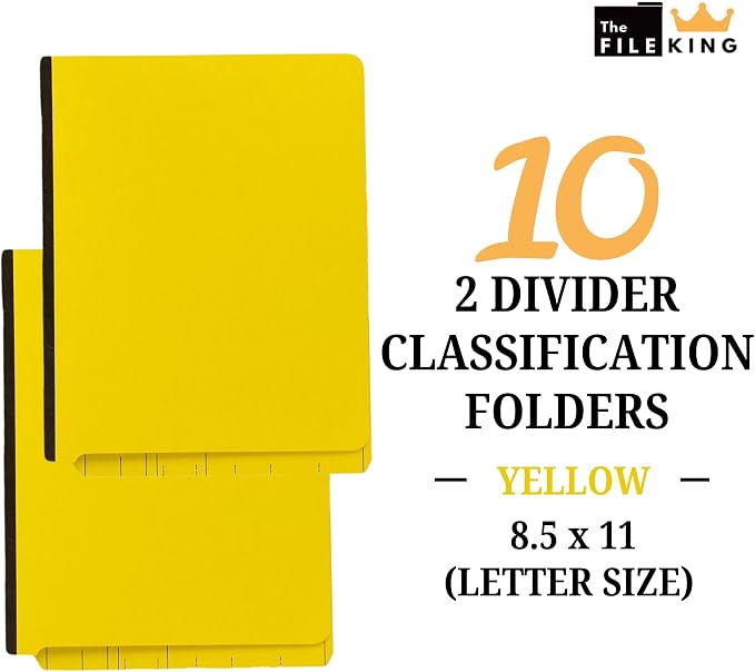The File King Two Divider Pressboard Classification Yellow File Folder - Letter Size | Box of 10 | End Tab | 2” Expansion | Six 2-Inch Fastener Prongs | Made in America - Image 2