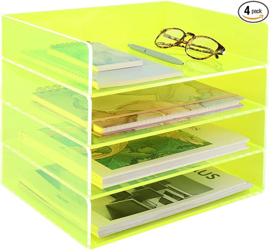 Gelite Acrylic File Organizer for Desk 4 Tiered Stackable Letter Tray Office Paper Storage Desktop Document Sorter, Neon Green by Gelite