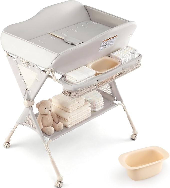 INFANS Baby Changing Table with Wheels, Portable Folding Diaper Station Nursery Organizer with Storage Basket, Hanging Rack, Adjustable Height, Safety Belt for Newborn Infant (Light Gray) by INFANS