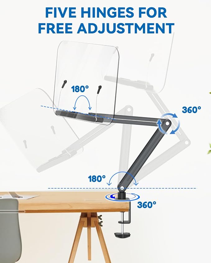 Desk Clamp Acrylic Book Stand for Reading, Ergonomic Design Adjustable Height up to 20 inches with Rotating Bases Cookbook Stand, Suitable for Recipe, Sheet Music, Tablet(Gray) - Image 6