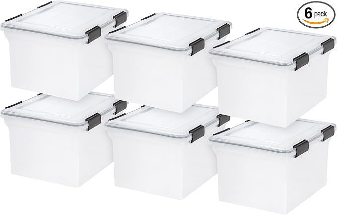 IRIS USA WeatherPro Storage File Box, 32 Qt. 6-Pack, Clear/Black | Protect files, documents and important records with weather resistant storage, secure latches and stackable organization by IRISUSA