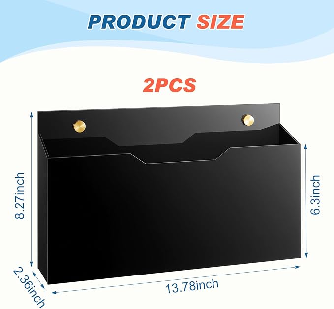 Feifeiya 2 Pcs Black Acrylic File Holder Wall Mount Mail Magazine Organizer File Holders with Screw Wall Office Document Storage Magazine Brochure (14"x8.3"x2.4", Widening Horizontal, Black ) - Image 2