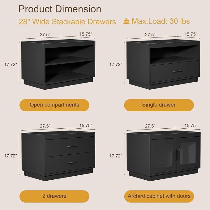 Stackable Storage Drawers, 28" Wide Storage Bins with 2 Doors | Closet Organizers, Wood Stackable Closet Organizer Modern Large Stackable Units for Living Room Hallway Bedroom, Black - Image 3