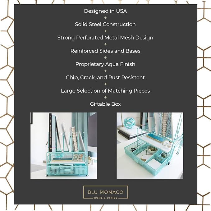 BLU MONACO Mint Green Desk Organizer With File Sorters and Drawer | Metal Mesh Desktop Storage for Office Supplies, Papers, Devices and Folders | 9.3”D x 12.5”W x 14”H All-In-One Workspace Holder - Image 3