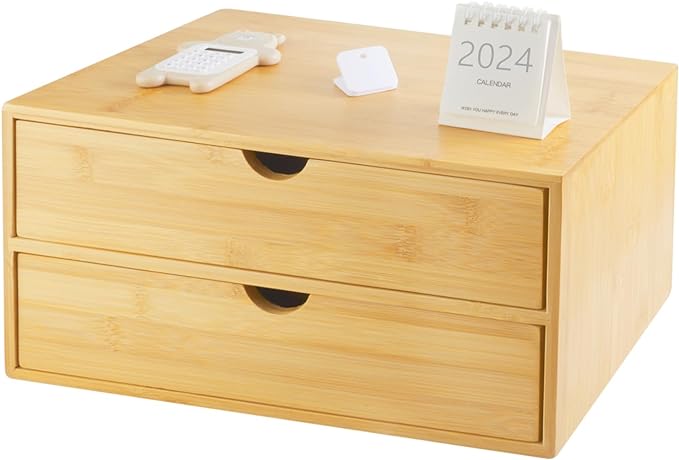 Charmewooden Bamboo Desk Organizer with Drawers, Countertop Organizer with Drawers Makeup Storage Drawer 2 Drawers Tabletop Storage Organization Box Home Office Workspace Bathroom Toiletries Supplies by Charmewooden