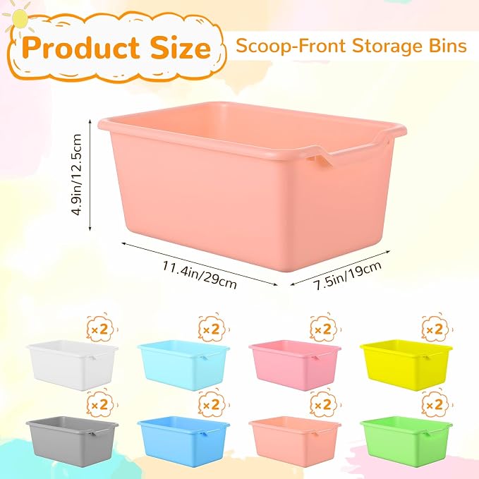 16 Pcs Plastic Book Bins, Scoop Front Cubby Storage Bins, 8 Color Stackable Organizer Tubs Containers Multi Functional Box for Books, Supplies, Home Office Playroom, 11.42x7.48x4.92 Inch - Image 2