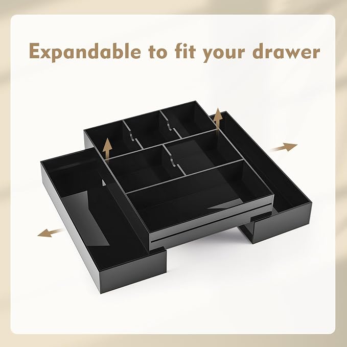 Briwooody Black Acrylic Drawer Organizer Expandable,8 Compartments,Large | 9'' up to 18'' x 12'' x 2.1'' Desk Drawer Organizer Trays Adjustable with Desk Accessories for Makeup Office Bathroom - Image 4
