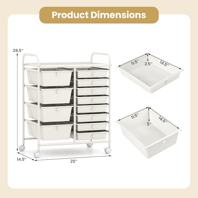 Giantex 12 Drawer Rolling Cart with Drawers, Storage Organizer Cart for Classroom Office School Teacher, Mobile Drawer Cart for Tools, Crafts, Small Printer, Ivory - Image 3