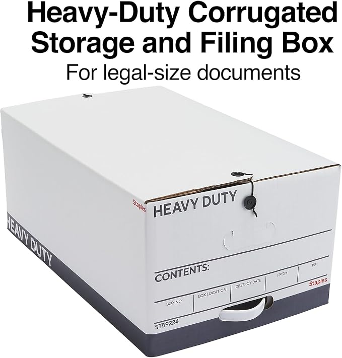 STAPLES Heavy Duty File Box, String and Button Lid, Legal, White/Gray, 4/Pack (TR59224) - Image 2