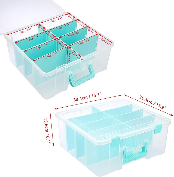 BTSKY Clear Plastic Dividing Storage Box with 8 Deep Compartments Adjustable Storage Bin with Lid Portable Craft Storage Container Multipurpose Sewing Box Art Supply Organizer, 15.1x13.9x6.1 Inches - Image 3