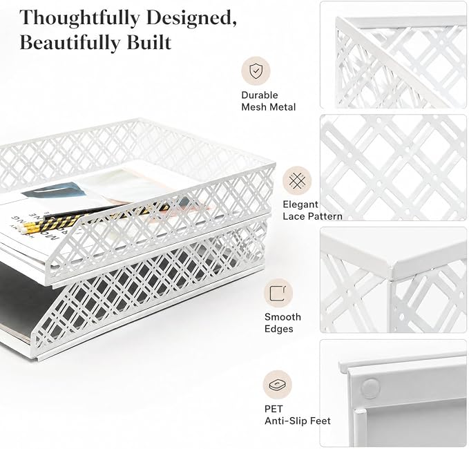 Exerz Letter Trays 2pcs Stackable Paper Sorter/Desk Organiser/File Tray for Desk - Wire Mesh Metal File Rack - Office, School, Home Study (White) - Image 4
