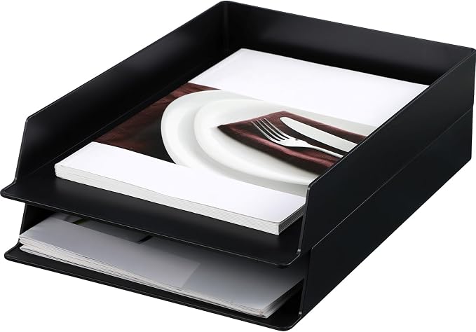 2 Pcs Stackable Paper Trays Rectangular Plastic Desk Holder Desktop Document File Organizer Storage Letter for Office Classroom (Black) by Wenqik