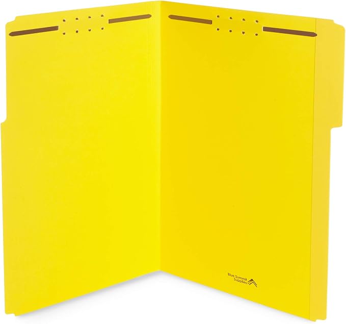 Blue Summit Supplies 50 Fastener File Folders, Legal, Heavy Duty, Yellow | Heavy-duty 14pt, reinforced 1/3 top tab, legal size, embedded fasteners, for legal, medical, and office records by BlueSummitSupplies