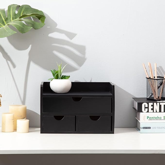 Black Bamboo Desk Organizer Wooden Storage Cabinet 3 Drawers with Shelf Tabletop Organization Box Home Office Workspace Bathroom Toiletries Supplies Caddy Vanity Makeup Stationery Holder - Image 5