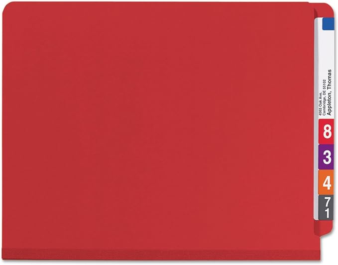 Smead 100% Recycled End Tab Pressboard Classification File Folder with SafeSHIELD Fasteners, 2 Dividers, 2" Expansion, Letter Size, Bright Red, 10 per Box (26783) - Image 9