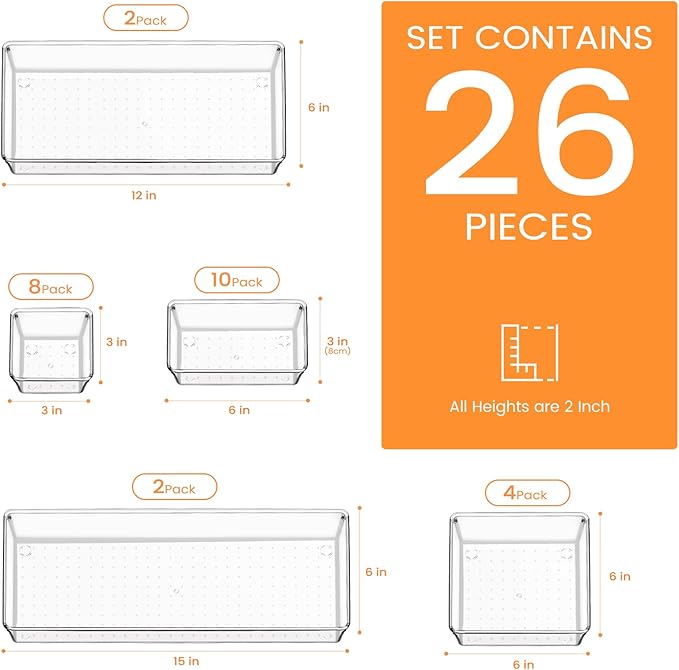 Drawer Organizer, 26 Pack Clear Plastic Drawer Organizer Bins, Versatile Organization and Storage Trays for Kitchen, Bathroom, Vanity Makeup and Office - Image 2