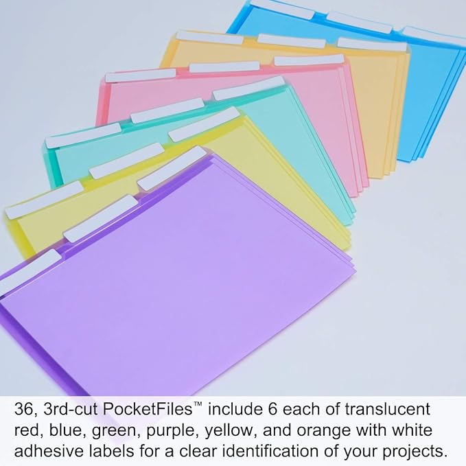 Ultimate Office Poly Color File Folders Letter Size, 3rd-Cut Tabs Set of 36 | PocketFiles Heavy Duty Transparent Files, Sealed on 2 Sides to Secure and Protect Documents and are Tabbed for Easy Indexing - Image 4