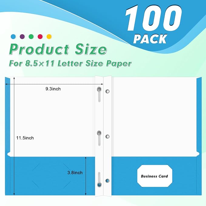 Two Pocket Folders, PANDRI 100 Pack Two Pocket Folders with Prongs, Designed for Office and Classroom, Assorted 5 Colors 2 Pocket 3 Prong Folders - Image 2