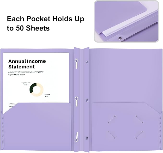 ViVin 12 Pack Heaty Duty Plastic Folders, 2 Pocket Poly File Plastics Folders with 3-Prong Fasteners, Pastel Color Plastic Folder for Letter Size Sheet, School Folder Kids Folder (Light Purple) - Image 3
