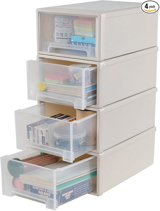 4-Pack Stackable Desktop Storage Drawer Organizer, 12-Quart | Clear Plastic Bins with Pull-Out Drawers, Stackable Containers for Cabinet, Desk, Shelf, Cupboard, or Dresser Organization by Waikhomes
