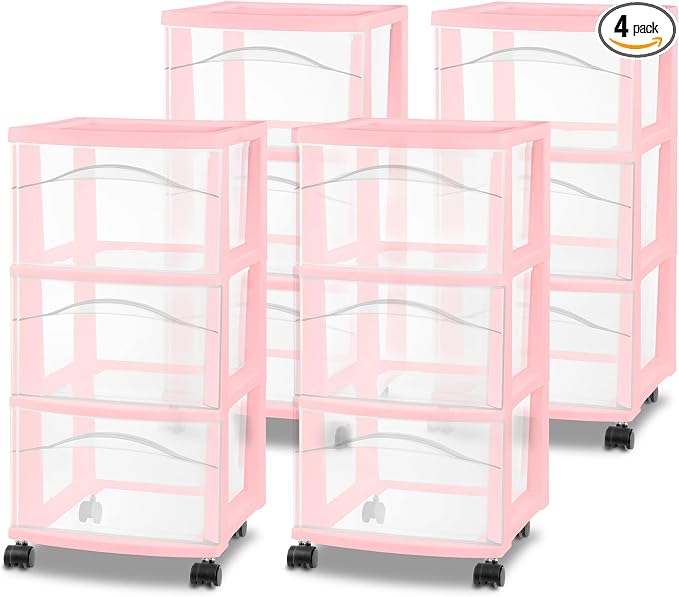 Sterilite 4 Pack 3 Drawer Storage Cart, Plastic Rolling Organization, Pink | Clear Plastic Organizer Drawers with Wheels for Craft Supplies, Bath Essentials, or Home Accessories by Sterilite