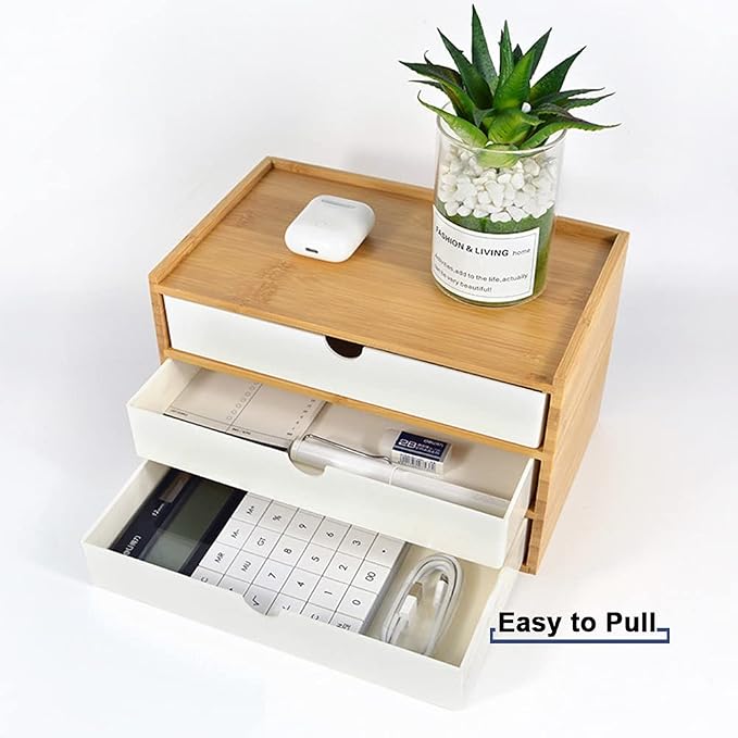 WAYUTO 1-Tier Bamboo Desktop Organizer Simple Wooden Tabletop Storage Organization Box Multi-Scene Drawer Units for Home Bathroom Office Black 1-Drawer - Image 7