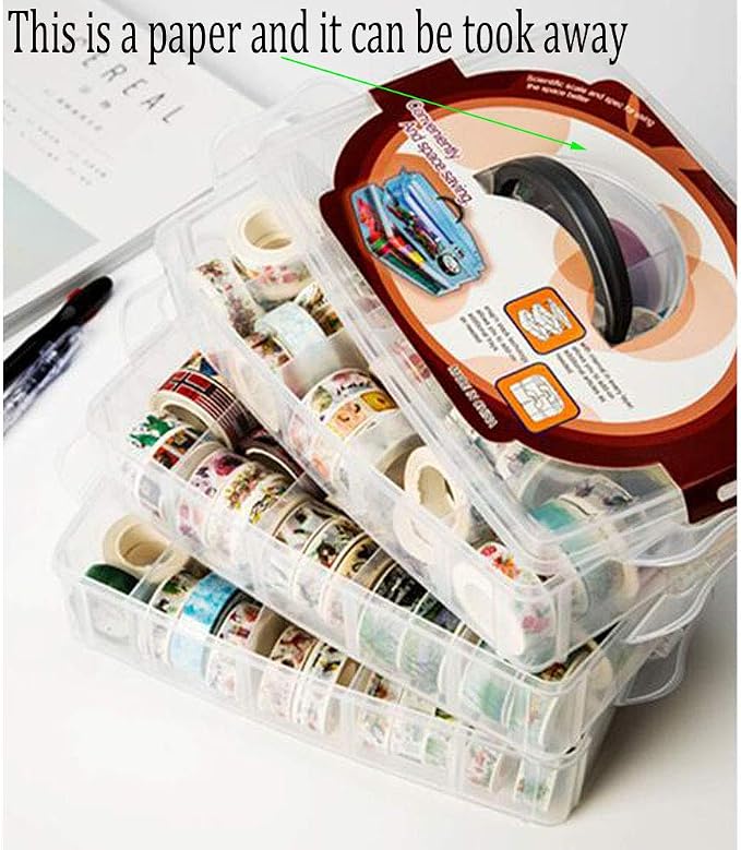 HomDSim Washi Tape Box Organizer Storage,Divider Closet Container,with 18 Adjustable Compartments,Clear,Masking Tape Desktop Tape DIY Sticker Roll Tape Cutter Holder Storage,Finger Safty Dispenser - Image 4