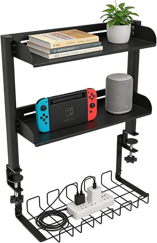 Clamp on Desk Shelf,3 Tier Desktop Organizer,Adjustable Clamp on Desk Top Organizer with Under Desk Hidden Storage Basket&Hooks,No Drilling Desk Clamp Storage Shelves for Working Gaming Accessories by BeGyoku