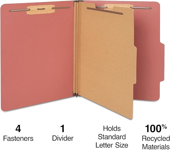 Staples Colored Pressboard Classification Folder, Letter Size, 1 Partition, Red, Durable Construction, 20/Pack - Image 2
