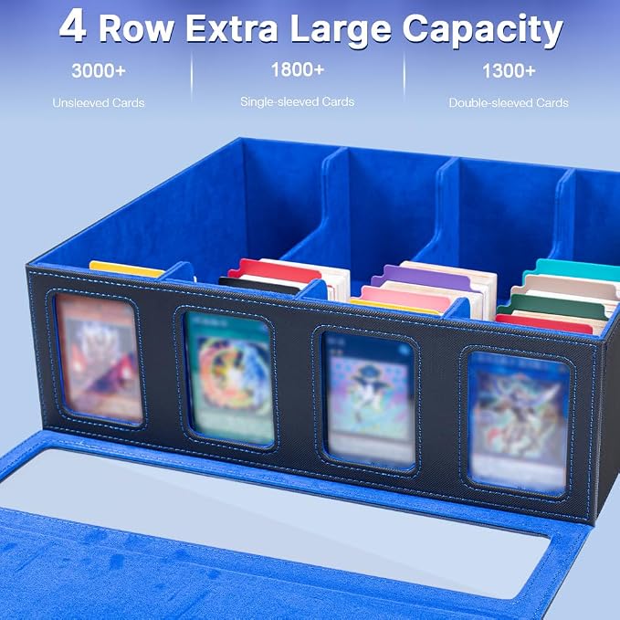4-Row 3000+ Trading Card Storage Box for MTG, Card Deck Box with Snap-fit Design, 4 Card Sleeves, 8 Stoppers, 24 Dividers (4-Rows Black-Blue) - Image 2