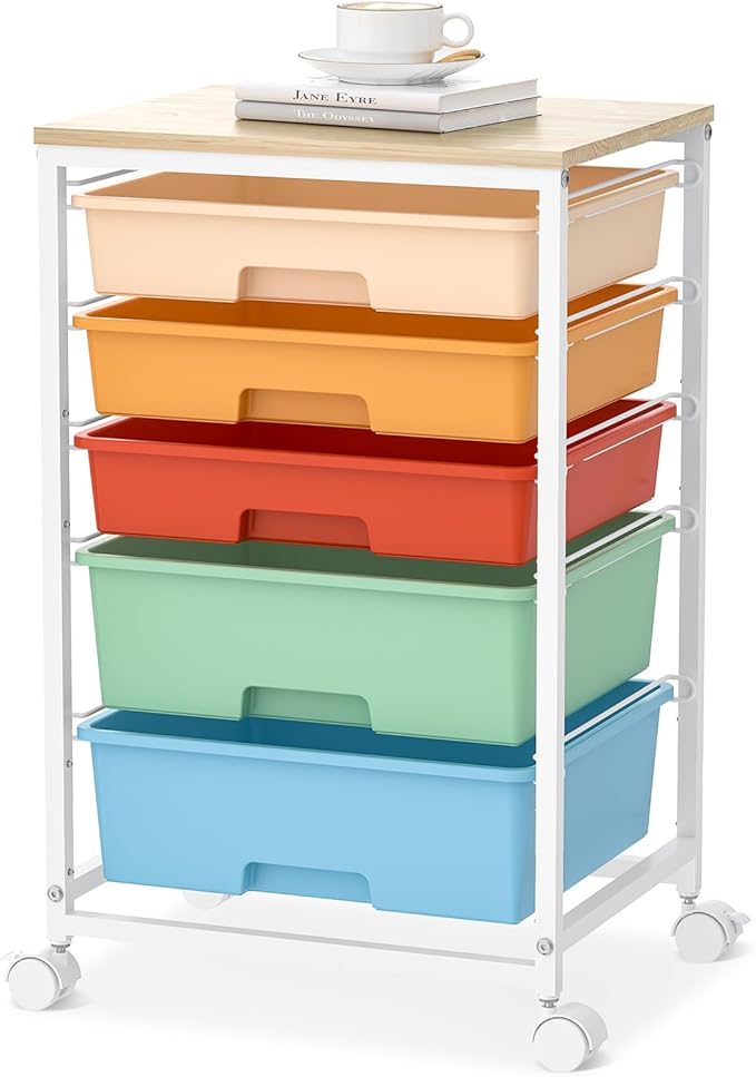 SYKIARIOL Utility Cart with Drawers,5 Drawers Storage Cart,Macaron | 5-Tiers Storage Cart with Drawers with Lockable Wheels for Craft Organizers and Storage,Home Office,Classroom,Dorm,Playroom by SYKIARIOL