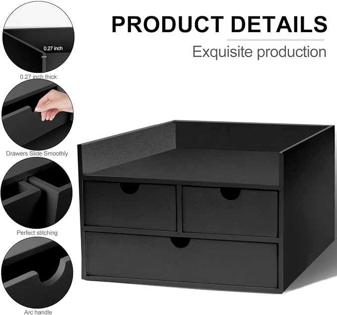 Charmewooden Bamboo Desk Organizer 3 Drawer with Shelf, Countertop Organizer with Drawers Makeup Storage Drawer 3 Drawers Tabletop Storage Organization Box Home Office Workspace（Black） - Image 6
