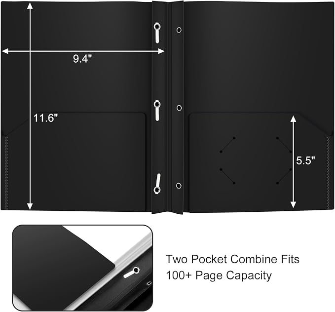 Heavy Duty Plastic Folder, 60 Pack, Pocket Folder with brads, Letter Size Poly File, Plastic Folders with 3 Prongs Fasteners - Black - Image 3