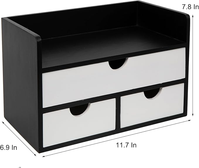 Rustic Wood Desk Organizer with Drawers,3-Drawer Desktop Storage Box | Two-Tone Black & White‌ 3 Drawers Shelf Pens, Notes, Makeup, Jewelry & Toiletries for Office, Bath Vanity Office Supplies - Image 3