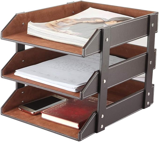 Very Sturdy 3 Tier Leather Desk File Rack for Office Supplies/Stationery/Folder,Stackable Letter Tray Organizer,Document Filing Organizer Holder for Desktop Storage (Brown)… by RHCSZ