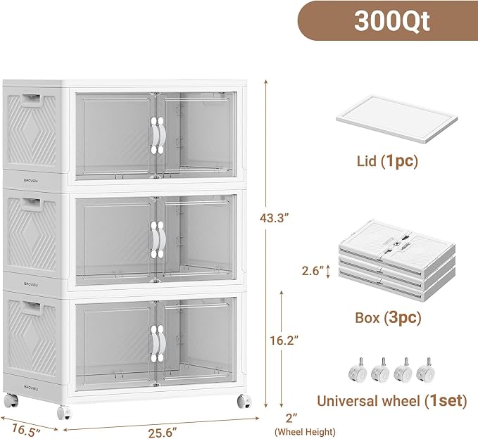 BROVIEW 300QT Large Stackable Storage Bins with Clear Doors, V20 3Pack | 75Gal Plastic Closet Organizer Cabinet with Lid and Wheels, Collapsible Latch Box Folding Drawer for Home, White - Image 2